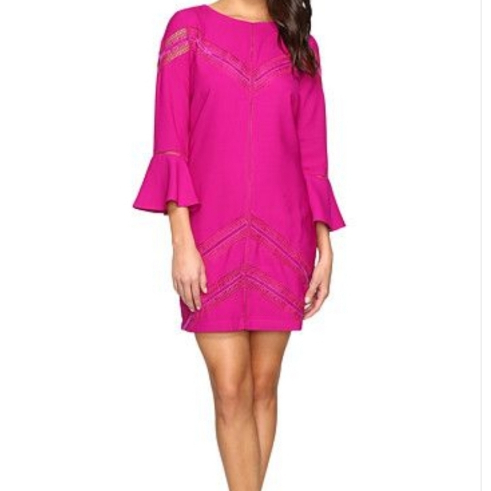 💜Adelyn Rae Satin Fuchsia / Magenta Bell Sleeve Dress - Women's Size S🩷